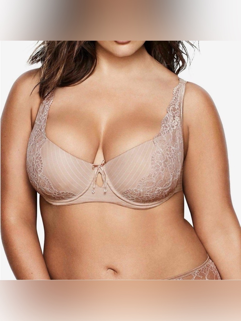 Ashley Graham Basic Diva Lace-Trim Keyhole Bra 401456 Beige Size: 44DD